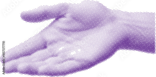 Vector art of blue halftone dot pattern open hand gesture, palm up, representing offering, receiving, or showing something abstractly in a vintage or retro style graphic