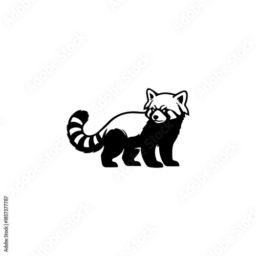 Black and white illustration of a standing red panda with bushy striped tail and rounded face