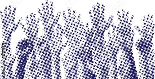 Vector art of multiple blue halftone dot pattern hands raised in the air, symbolizing voting, cheering, asking questions, or participation in a crowd
