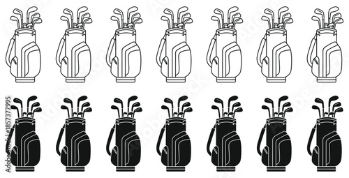 Collection of twelve simple line art icons representing filled and outline golf bags complete with assorted golf clubs ready for the course in a repeating pattern design element