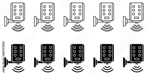 Collection of security system icons depicting outdoor wireless motion detector sensors in both line art and solid silhouette styles for alarm monitoring or smart home integration designs