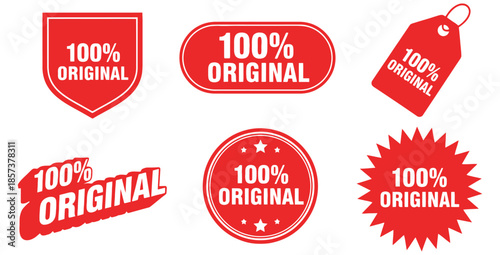 Collection of six vibrant red vector graphic seal designs emphatically declaring one hundred percent original product authenticity across various geometric shapes for marketing and labeling purposes.
