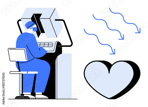 Healthcare, medical technology, diagnostics, heart health, digital analysis, workflow efficiency. Medical worker using a computer, heart with arrows. Healthcare and medical technology