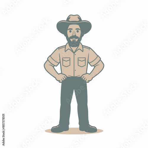 A cheerful man in a cowboy hat and casual shirt stands confidently with his hands on his hips, showcasing a friendly demeanor in a simple but effective illustration.