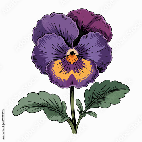 An intricately designed pansy flower blooms with vibrant colors, showcasing its delicate petals and lush green leaves, capturing the beauty of nature.
