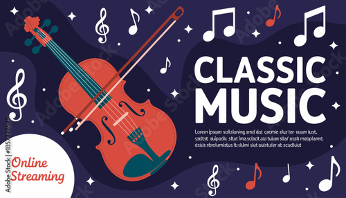 An artistic depiction of a violin surrounded by music notes, symbolizing classic music streaming, perfect for music platforms or promotional content in the arts sector.