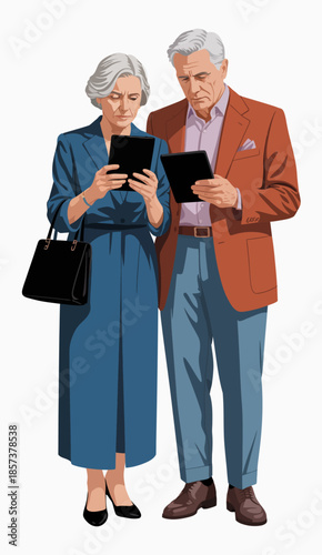 An elderly couple is intently absorbed in their digital devices, showcasing the evolving relationship between technology and modern aging lifestyles for seniors today.