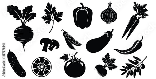 Collection of various healthy raw vegetable and fruit icons rendered in stark black silhouette style perfect for graphic design projects emphasizing organic food choices or culinary themes