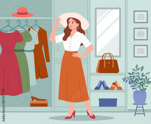 This stylish illustration portrays a confident woman in a chic outfit posing in a fashionable wardrobe, showcasing the joy of personal style and self-expression in everyday life.