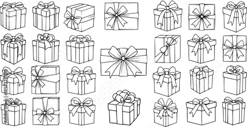 Celebration and Holiday Presents Outline Icons Set. Hand-drawn Black and White Line Art Collection of Gift Boxes for Christmas, Birthdays, Shopping, and Special Occasions.