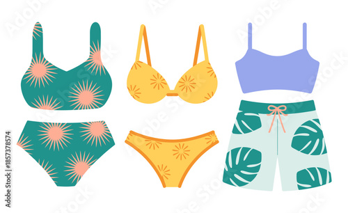 This set of stylish swimwear designs showcases a vibrant palette of colors and patterns, perfect for making a statement at the beach and capturing the essence of summer fun.