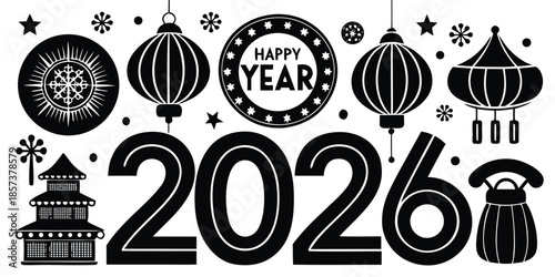 Happy Year 2026 with lanterns pagoda and festive decorations in black and white