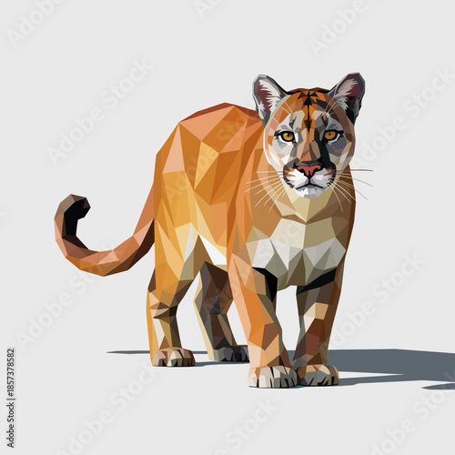 An abstract polygonal representation of a mountain lion stands confidently, merging artistic style with the raw power and beauty of this majestic creature in nature.