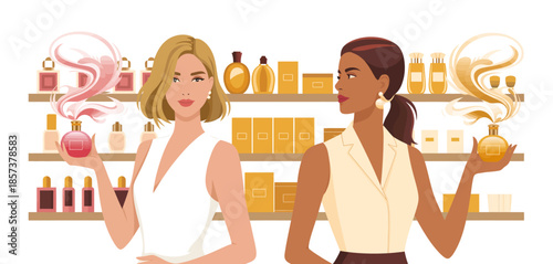 Two elegant women are seen evaluating and choosing perfumes in a beautifully organized beauty shop, emphasizing choice and personal style in fragrance selection.