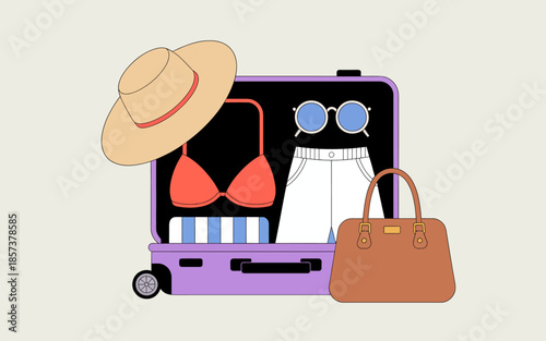 An open travel suitcase displays bright summer essentials including swimwear and accessories, perfect for vacation vibes and exciting adventures ahead.