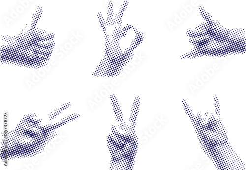 Vector art of collection of six different hand signs including thumbs up, ok, peace, and rock on, blue halftone dot pattern illustration