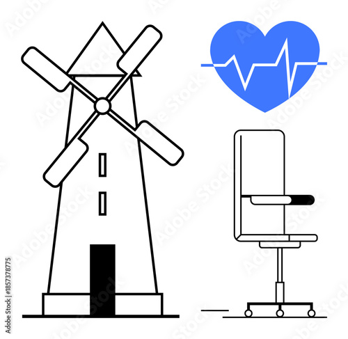 Renewable energy, healthcare, workplace ergonomics, productivity, eco-conscious living, and healthy lifestyle. Black and white windmill, blue heartbeat icon and office chair. Renewable energy