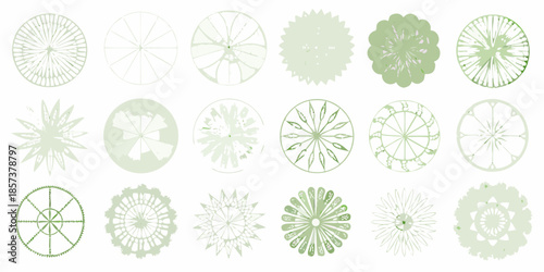 Collection of green circular designs and patterns varying in style and complexity
