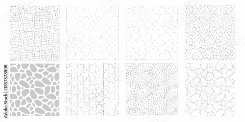 Eight grayscale abstract patterns resembling textures and organic forms