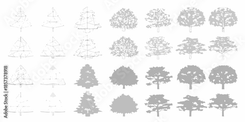 Variety of tree silhouettes and outline shapes in grayscale tones