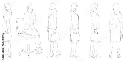Fashion sketches of women in business attire with handbags and heels