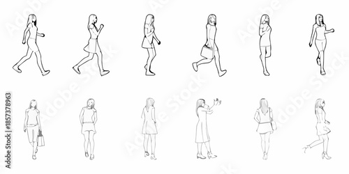 Line art illustrations depicting women walking in various poses and outfits