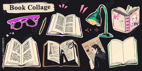 A whimsical illustration of open books glasses and a reading lamp