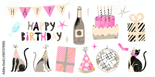 A colorful birthday celebration featuring cake gifts and festive decorations