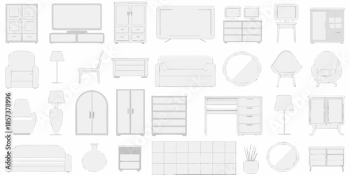 Collection of gray furniture outlines including sofas cabinets and decorative items