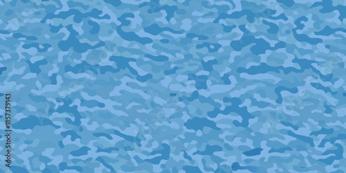 Abstract blue camouflage pattern with irregular shapes and varying shades