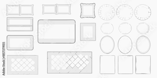 A collection of different shaped plates bowls and trays in a line art style