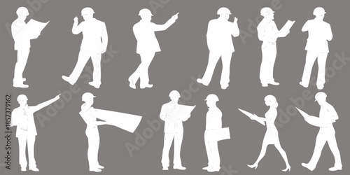 Silhouettes of diverse business people in various dynamic poses and gestures