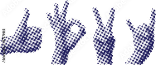 Vector art of set of four blue halftone style hand gestures thumbs up, ok sign, peace sign, and rock on symbol
