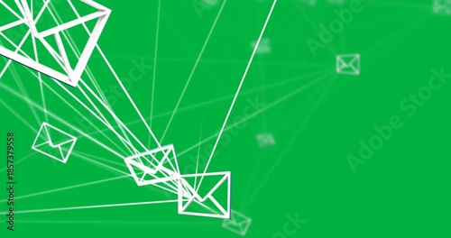 Animation of network of connections of multiple white envelope icons on black background