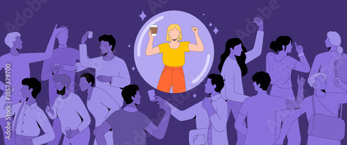 A vibrant illustration of a woman joyfully celebrating amidst a lively crowd, holding a coffee drink, showcasing energy, happiness, and connection in social settings.
