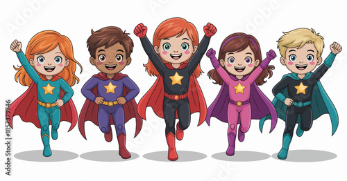 A vibrant illustration featuring five happy children dressed in superhero costumes, showcasing their unique colors and capes while running energetically.