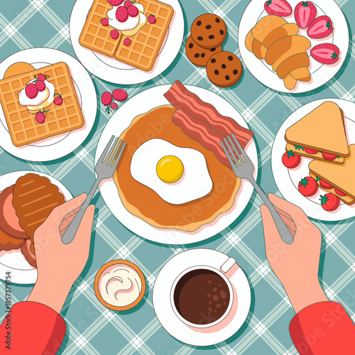 A vibrant and diverse breakfast spread, featuring a variety of dishes including eggs, bacon, and pastries, emphasizing the joy and indulgence of a hearty morning meal.