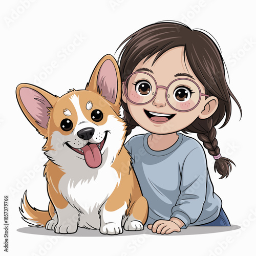 A charming illustration of a girl smiling and sitting beside her corgi, showcasing the bond between children and pets in a heartwarming scene that celebrates friendship and joy.