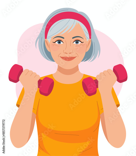Vibrant illustration of a cheerful older woman exercising with dumbbells. She is smiling confidently, promoting fitness and well-being in a playful and joyful manner.