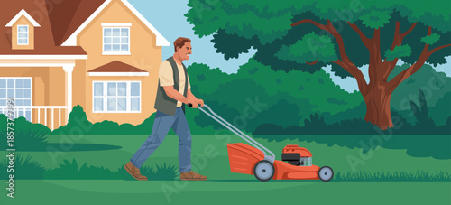 An illustration depicting a man mowing his lush green lawn, showcasing a beautiful garden and home environment, emphasizing outdoor maintenance and care.
