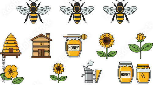 Bee, honey, beekeeping, cartoon, vector, hive, flowers, honeycomb, jar, dipper, smoker, nature, agriculture, pollination, insect, buzzing, nectar, apiary, illustration, colorful