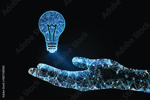 Digital Human Hand Holding Light Bulb, Innovation and AI Technology Concept