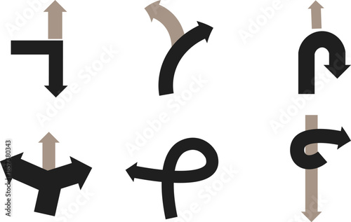 Navigation road arrows set with turning, straight and crossroad direction. Location point marks for driving route and map guidance vector.