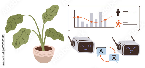 Potted plant, data graph with trends, AI robots exchanging translations. Ideal for technology, innovation, analytics, AI, ecology, communication and progress in a simple flat metaphor