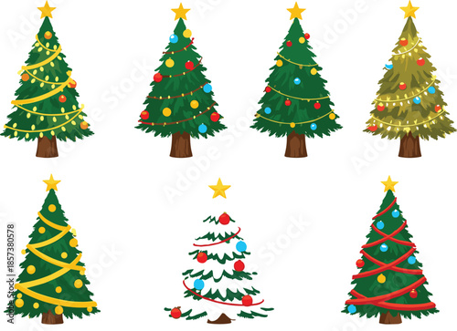 Colorful Vector Illustration Set Representing Diverse Decorated Christmas Trees with Festive Lights Ornaments Ribbons Stars and Winter Holiday Concepts