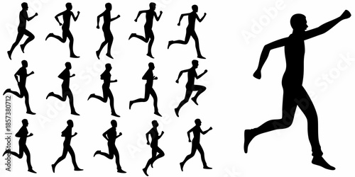 Silhouettes of running people demonstrating different phases of a running gait cycle