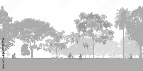Silhouetted trees and people against a bright hazy background