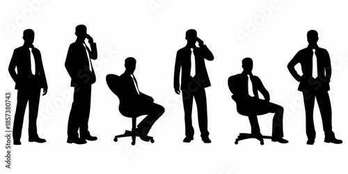 Silhouettes of business people in various poses communicating and relaxed