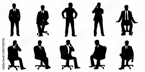 Silhouette collection of businessmen in various poses and office settings