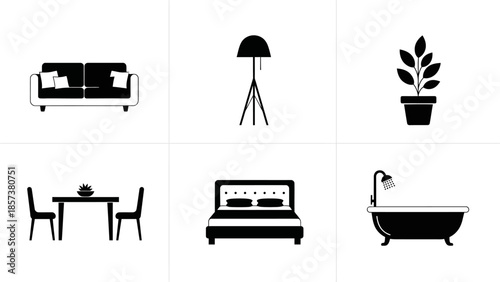 Illustration of indoor room and garden with decorative floor lamp sofa potted plant table bed and bathtub indoor decoration for house and garden